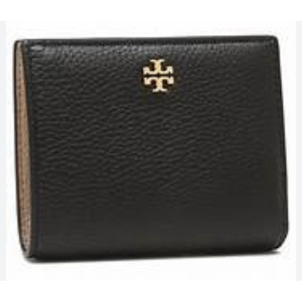 Tory Burch Black Blake Pebble Leather Bifold Snap Wallet Zip Coin Pocket
